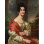 Circle of George Henry Harlow , Portrait of lady in a landscape wearing a red shawl