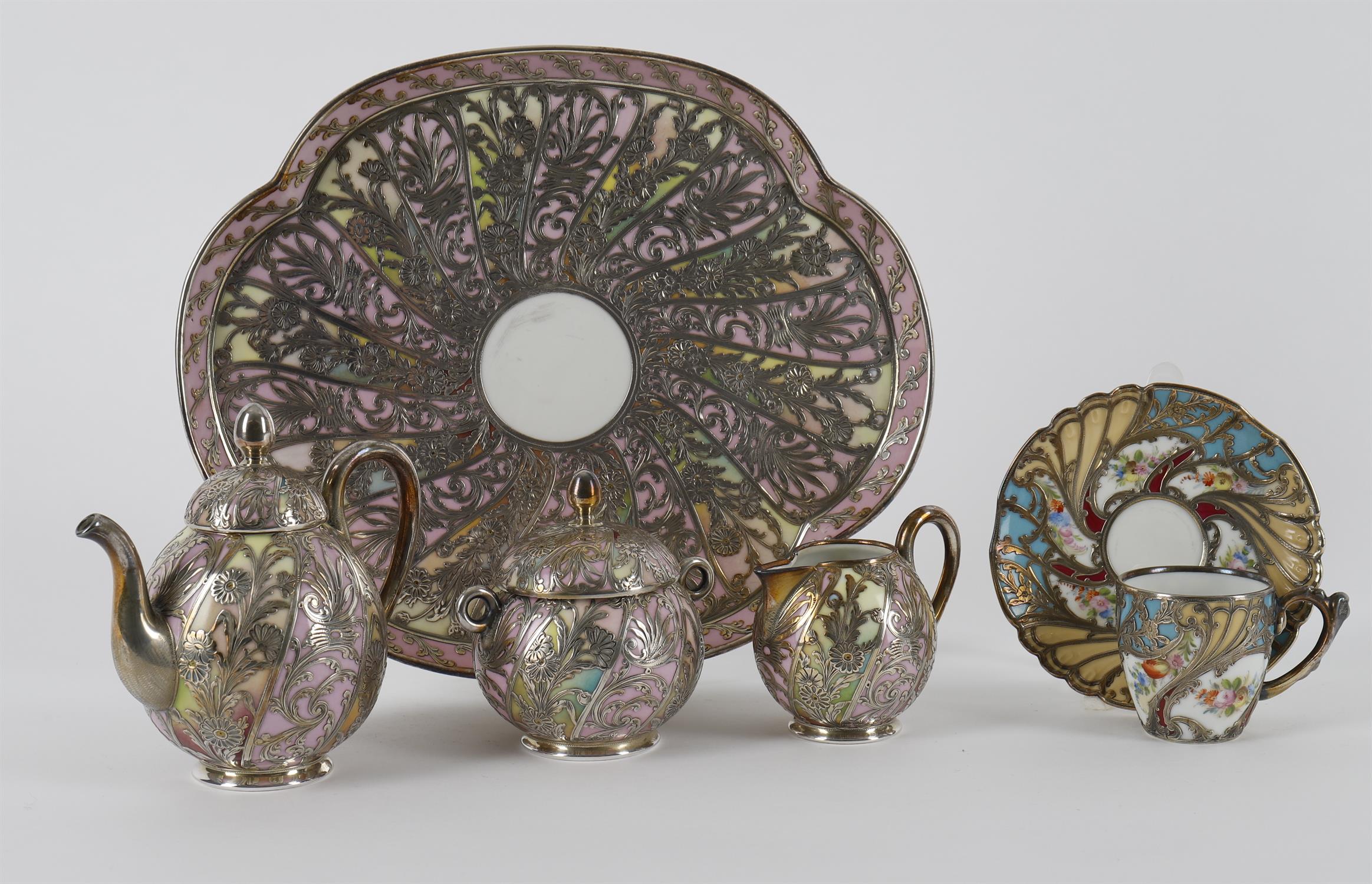 A matched Limoges porcelain and white metal overlaid five piece cabaret set - Image 6 of 6