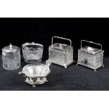 Silver plate including a mounted etched and fluted glass biscuit barrel