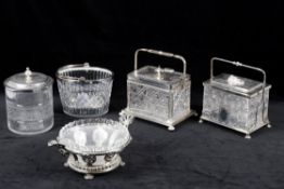 Silver plate including a mounted etched and fluted glass biscuit barrel