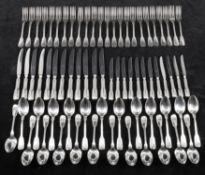 A French silver plated table service of fiddle thread pattern for 12 settings