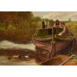 English School (19th century), Figures in a boat, with ducks on the river