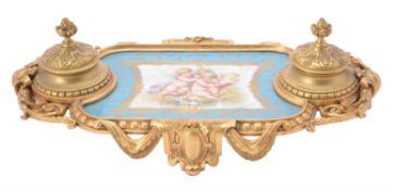 A French gilt metal mounted and Paris porcelain encrier in the Sevres style