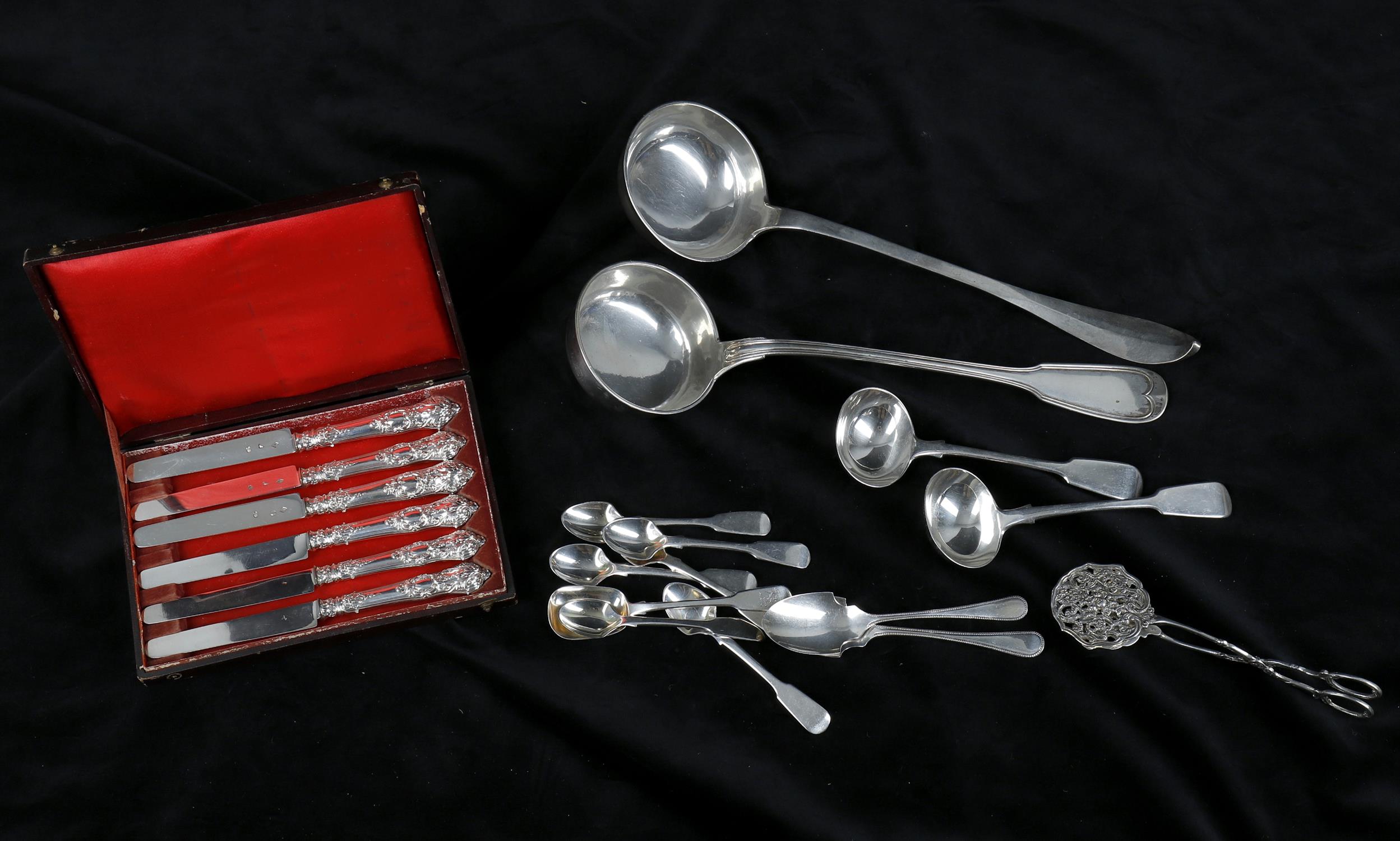 Silver flatware including two Continental 19th Century silver soup ladles