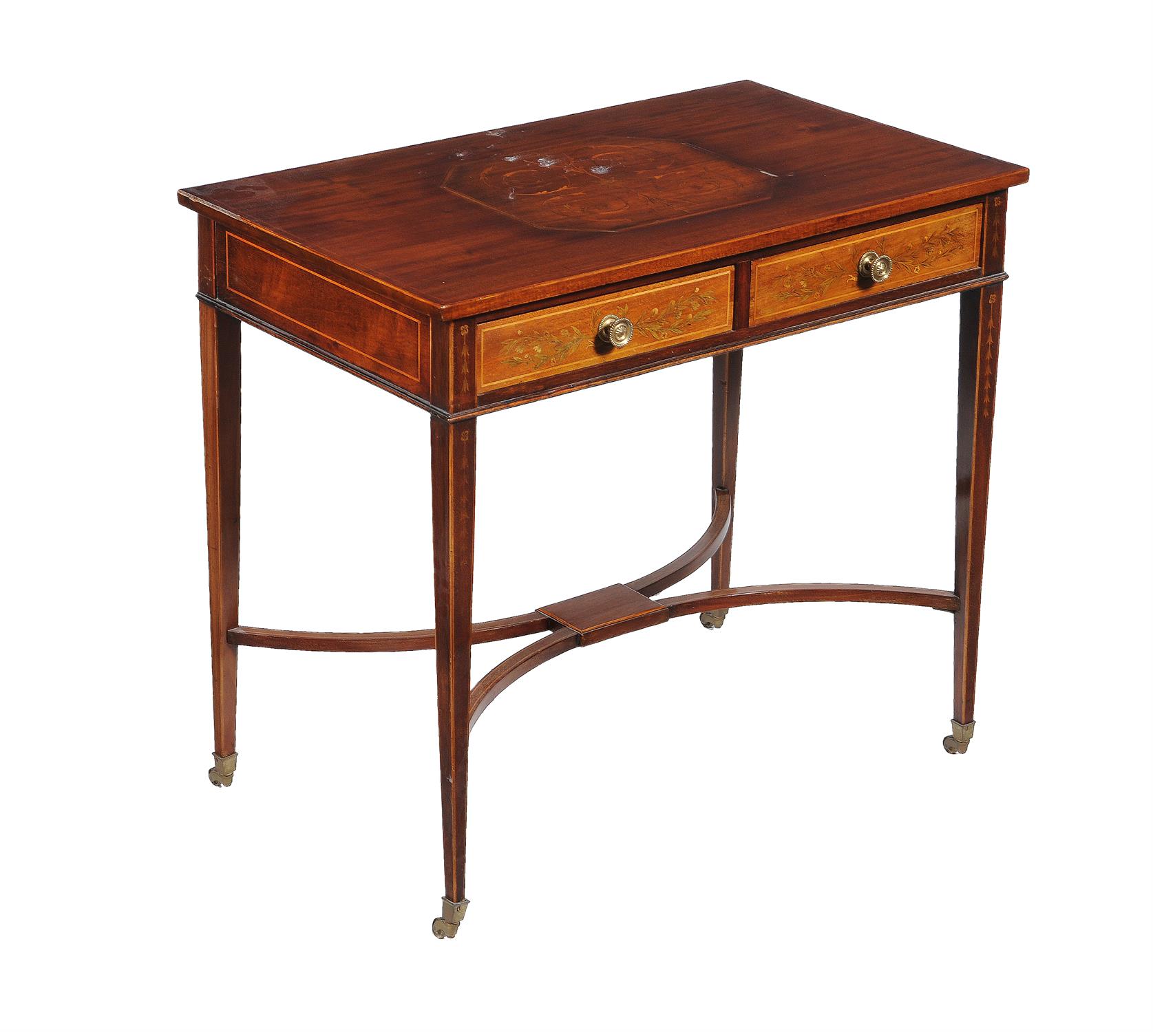 A late 19th century mahogany and floral marquetry inlaid two drawer side table