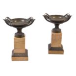 A pair of Louis Philippe patinated bronze and Siena marble mounted tazza urns on plinths