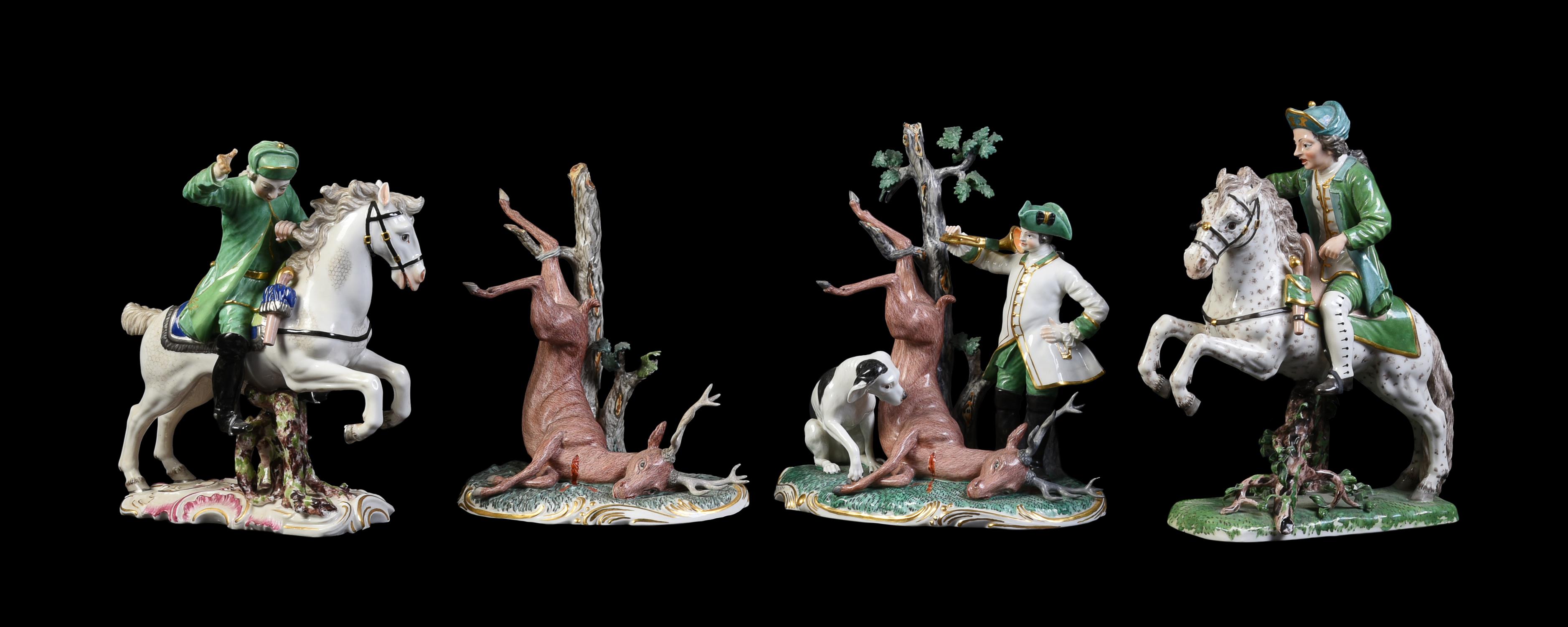 A group of four Nymphenburg porcelain 'Frankenthal Hunt' groups