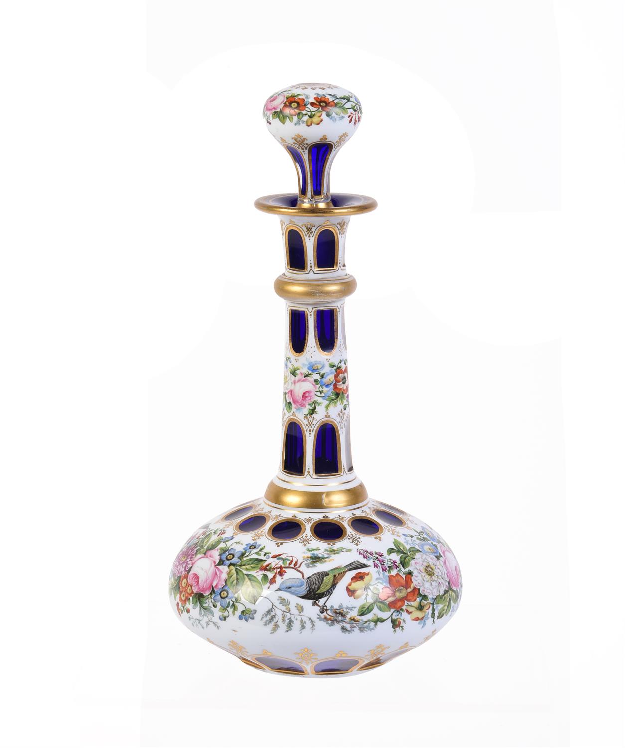 A Bohemian or English blue and opaque-white overlay glass decanter and stopper