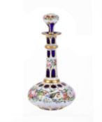 A Bohemian or English blue and opaque-white overlay glass decanter and stopper