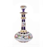 A Bohemian or English blue and opaque-white overlay glass decanter and stopper