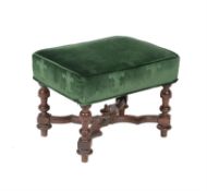 A walnut and green velvet upholstered stool