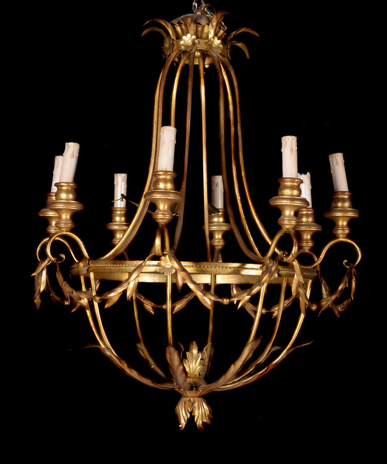 A gilt metal eight light chandelier