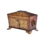 Y A Regency rosewood and brass marquetry inlaid tea caddy