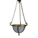 A French wrought iron, brass and glazed three light electrolier