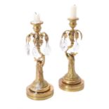 A pair of French or English gilt bronze and moulded glass mounted lustre candle holders