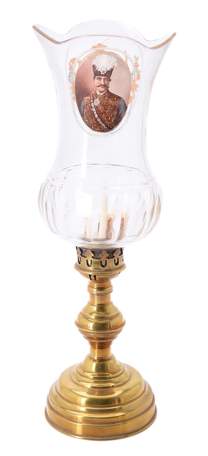 A moulded glass and brass mounted storm lantern with a medallion of Mozzaffar ad-Din Shah Qajar - Image 2 of 2