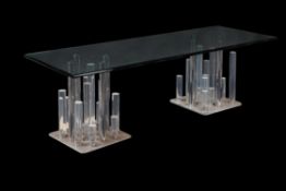 A glass and chrome dining table