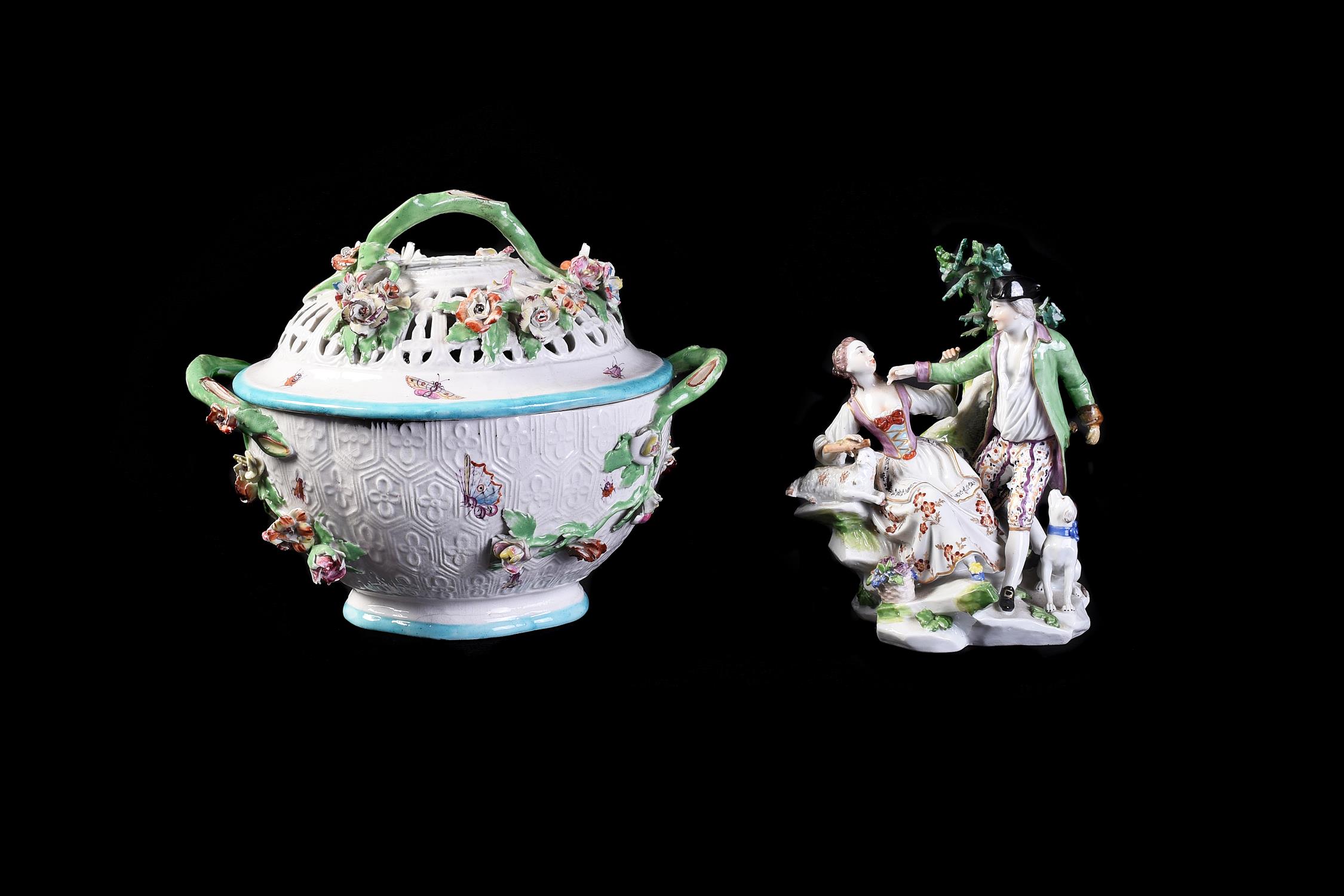 A Derby porcelain two-handled ozier-moulded and flower-encrusted basket and pierced cover