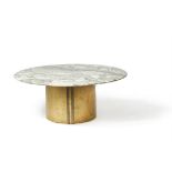 A GILT METAL AND VEINED BLACK AND WHITE MARBLE COFFEE TABLE