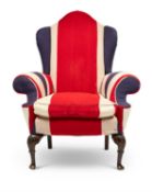 A MAHOGANY AND UPHOLSTERED ARMCHAIR IN GEORGE II STYLE, LATE 19TH CENTURY