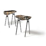 A PAIR OF POLISHED METAMORPHIC ROCK AND METAL MOUNTED SIDE TABLES