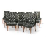 A SET OF TWELVE GREEN LEATHER UPHOLSTERED DINING CHAIRS