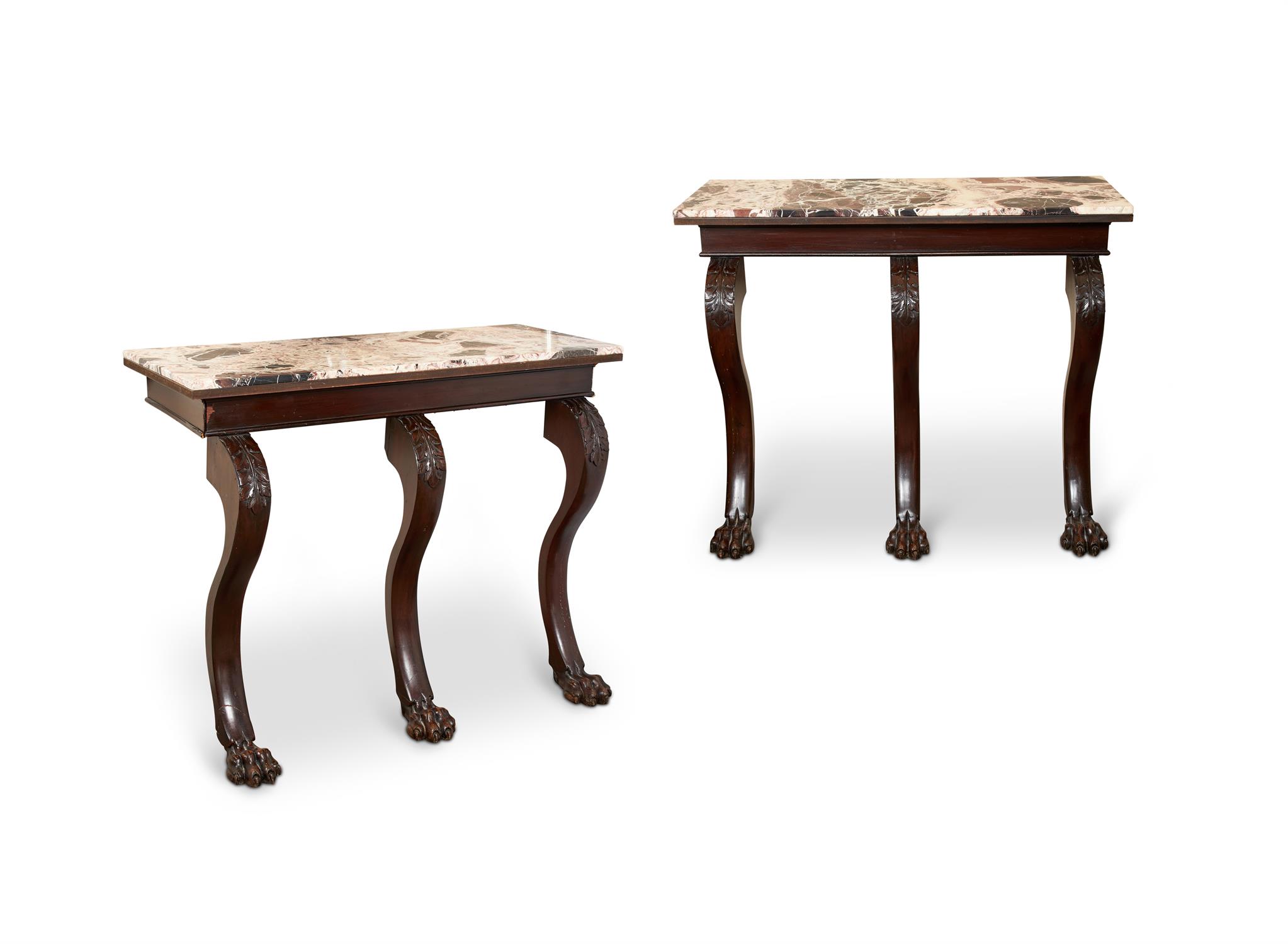 A PAIR OF MAHOGANY AND MARBLE TOPPED SIDE TABLES