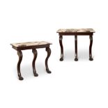 A PAIR OF MAHOGANY AND MARBLE TOPPED SIDE TABLES