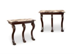 A PAIR OF MAHOGANY AND MARBLE TOPPED SIDE TABLES