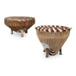 A NEAR PAIR OF AFRICAN ZEBRA SKIN DRUM TABLES