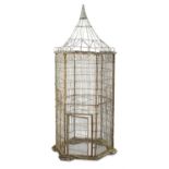 A WHITE PAINTED CAST IRON AND METAL BIRD CAGE, EARLY 20TH CENTURY