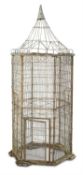 A WHITE PAINTED CAST IRON AND METAL BIRD CAGE, EARLY 20TH CENTURY