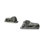 A PAIR OF STONE COMPOSITION MODELS OF RECUMBENT LIONS