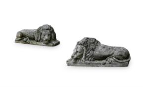 A PAIR OF STONE COMPOSITION MODELS OF RECUMBENT LIONS