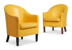 A PAIR OF YELLOW LEATHER STYLE UPHOLSTERED TUB ARMCHAIRS