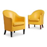 A PAIR OF YELLOW LEATHER STYLE UPHOLSTERED TUB ARMCHAIRS