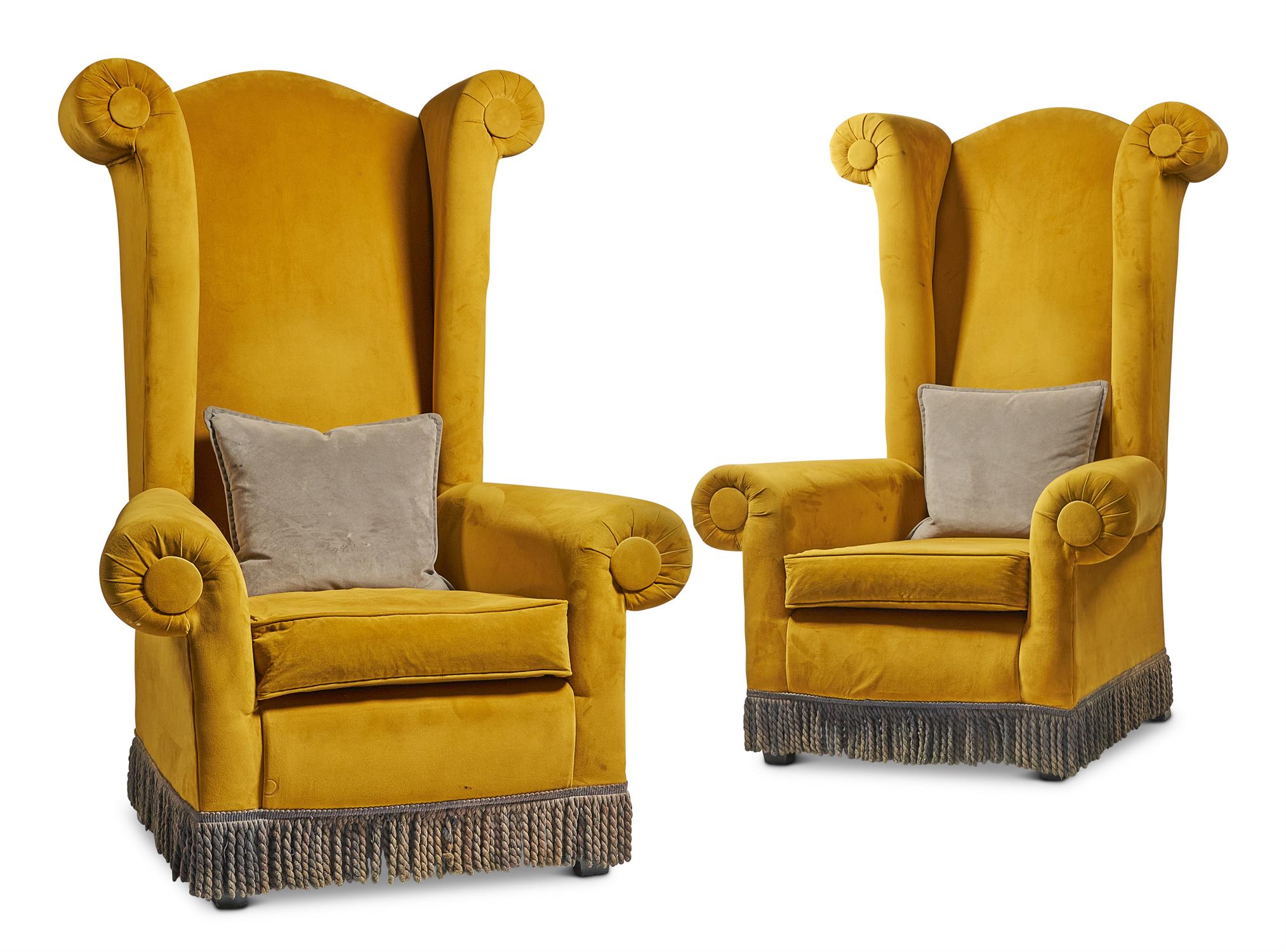 A PAIR OF YELLOW UPHOLSTERED 'CASTLE CHAIRS', BY A MODERN GRAND TOUR