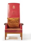 THE LIBRARY RED LEATHER HIGH BACK ARMCHAIR, THIRD QUARTER 20TH CENTURY