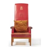 THE LIBRARY RED LEATHER HIGH BACK ARMCHAIR, THIRD QUARTER 20TH CENTURY