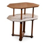 A GOTHIC REVIVIAL OAK AND MARBLE TWO TIER OCCASIONAL TABLE