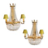 A PAIR OF GILT METAL AND CUT GLASS BAG TYPE CHANDELIERS