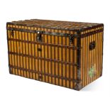 A LOUIS VUITTON YELLOW CANVAS WOODEN BAND STEAMER TRUNK