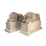 A MONUMENTAL PAIR OF SCULPTED AND PAINTED SOFTWOOD MODELS OF LIONS, MODERN