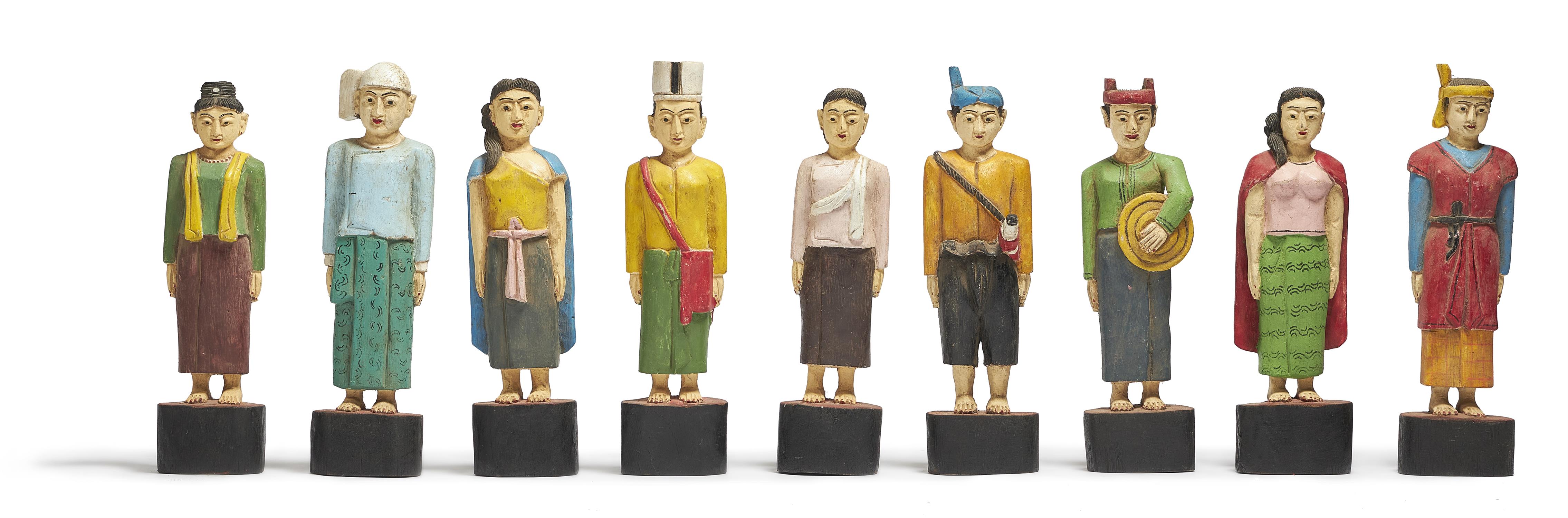 NINE PAINTED WOOD MALE AND FEMALE FIGURES, BURMA, LATE 20TH CENTURY