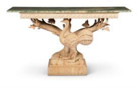 A CONTINENTAL CARVED LIMED OAK AND MARBLE TOPPED PIER TABLE