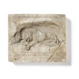 A CONTINENTAL SCULPTED PLASTER RELIEF OF THE LUCERNE LION, AFTER BERTEL THORVALDSEN