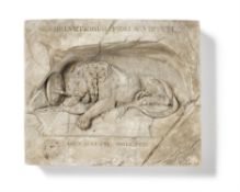 A CONTINENTAL SCULPTED PLASTER RELIEF OF THE LUCERNE LION, AFTER BERTEL THORVALDSEN