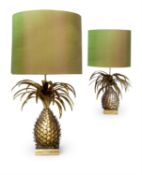 A PAIR OF LARGE GILT METAL ANANAS TABLE LAMPS ATTRIBUTED TO MAISON JANSEN