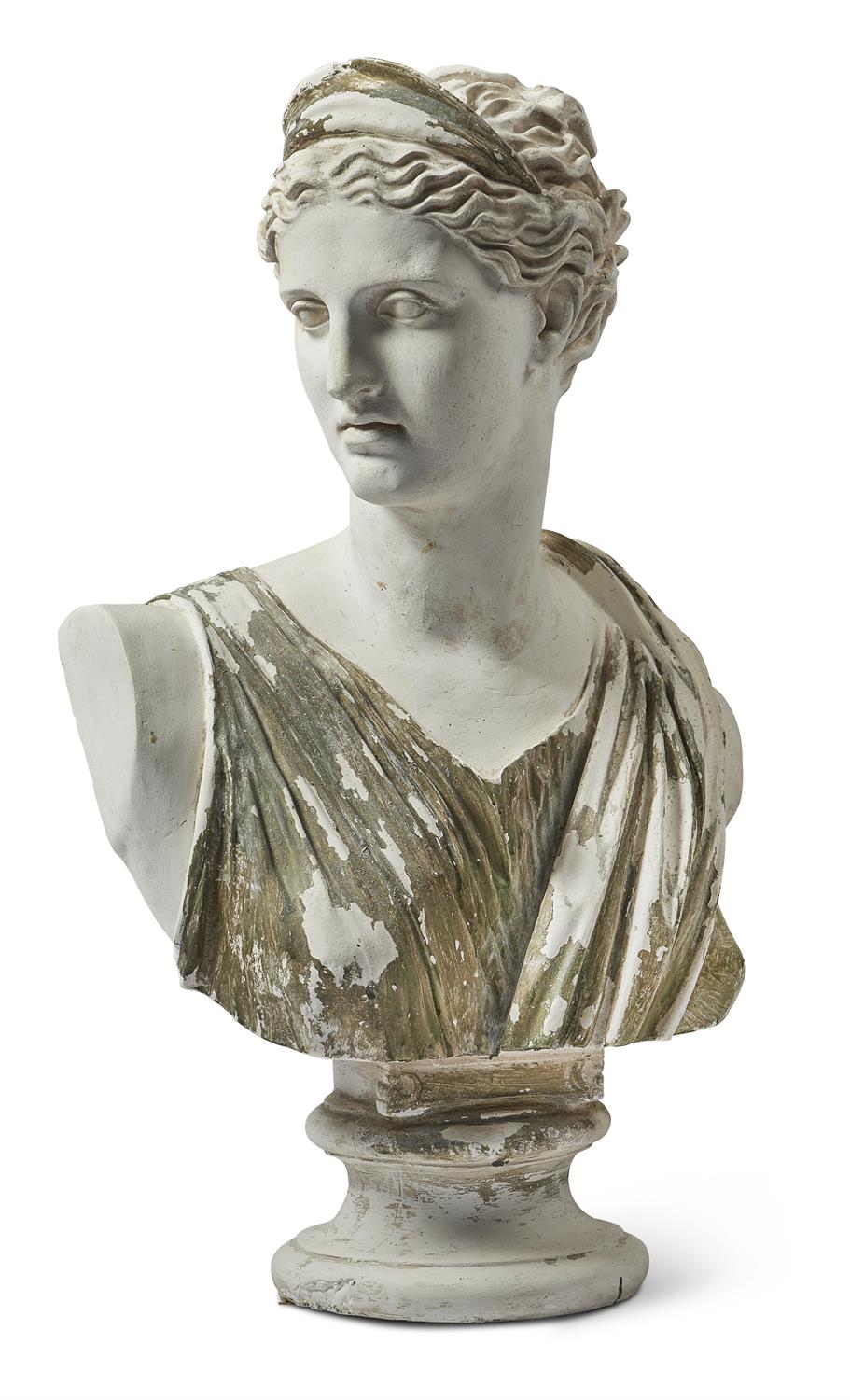 A PARCEL PAINTED PLASTER BUST OF DIANA CHASSERESSE, 20TH CENTURY - Image 2 of 2