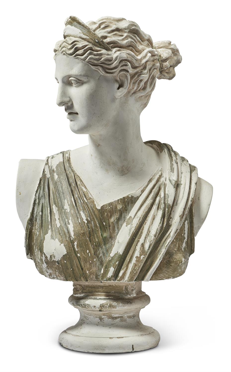 A PARCEL PAINTED PLASTER BUST OF DIANA CHASSERESSE, 20TH CENTURY